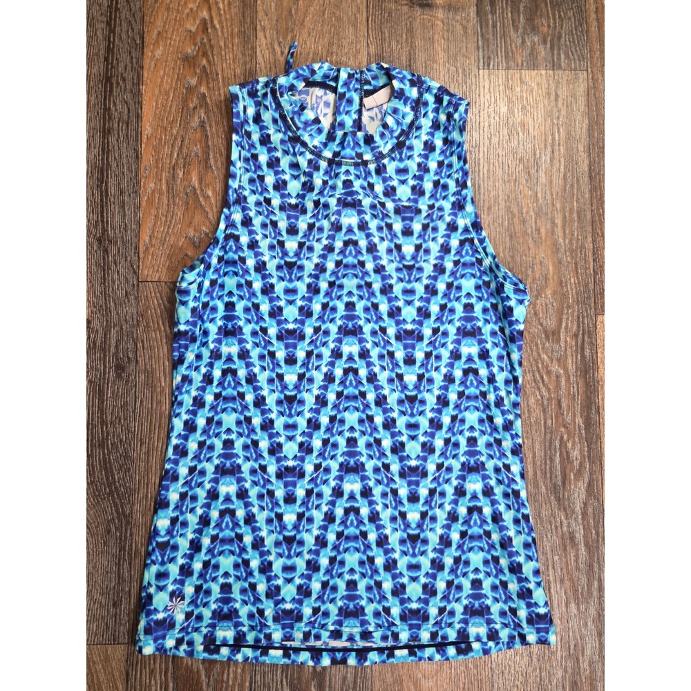 Athleta Womens Blue Ikat High Neck Sleeveless Swim Top Rash Guard Size S